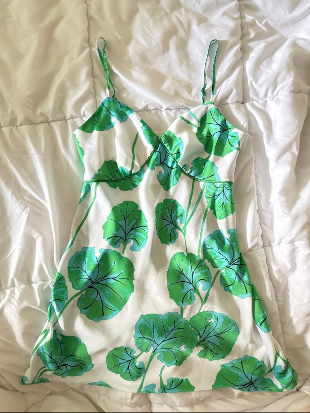Diane Von Furstenberg White Slip Dress with Green Leaf Print